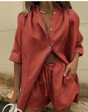 Dames Two-Piece Set – Relaxed Fit Shirt – Hoge Taille Shorts – Ademend Textiel