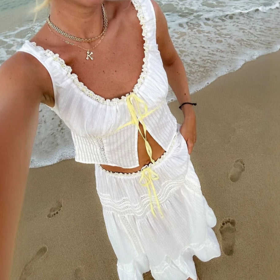 Dames Tweedelige Set – Cropped Tanktop met Kant en Midi Rok met Hoge Taille
