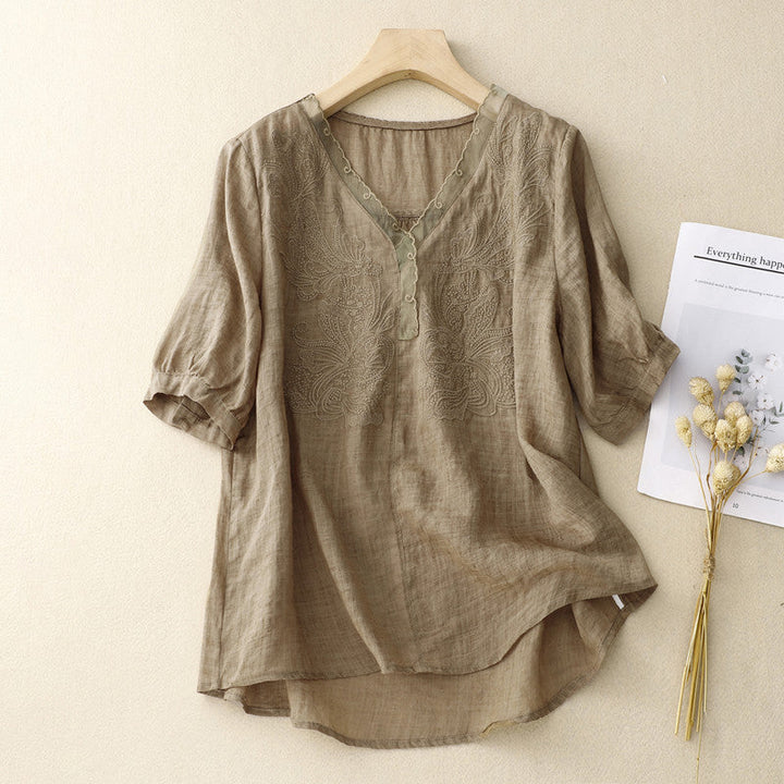 Dames Blouse – Losse Pasvorm – V-hals – Korte Mouwen – Geborduurd – Ademend Materiaal