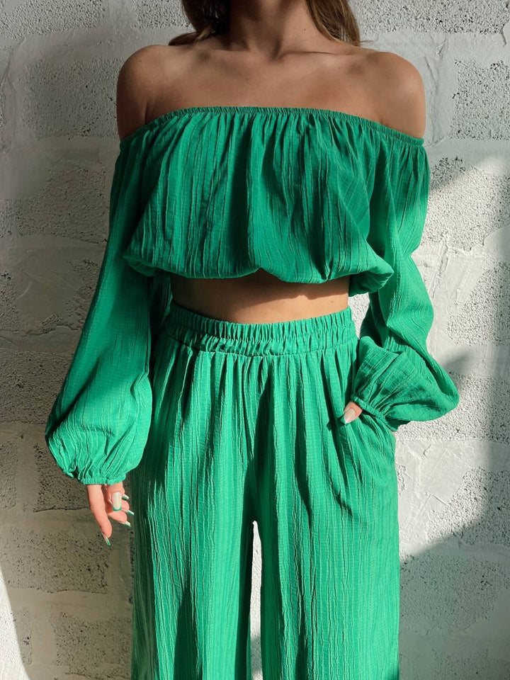Dames Tweedelige Set – Off-Shoulder Crop Top – Hoge Taille Wijde Pijpen – Luchtige Stof
