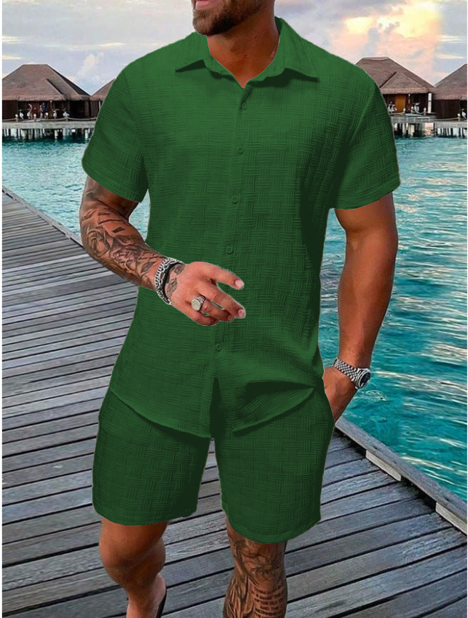 Heren Two-Piece Set – Relaxed Fit – Ademende Stof – Jacquard Patroon – Casual Look