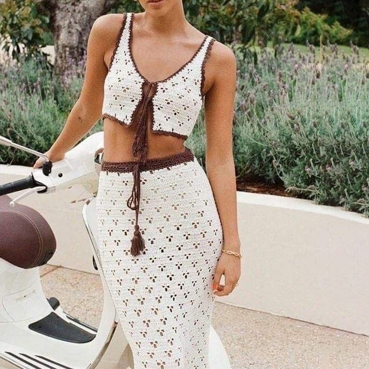 Dames gebreid rokkenset – Slim fit – Crochet top met V-hals – Midi rok – Zacht breisel