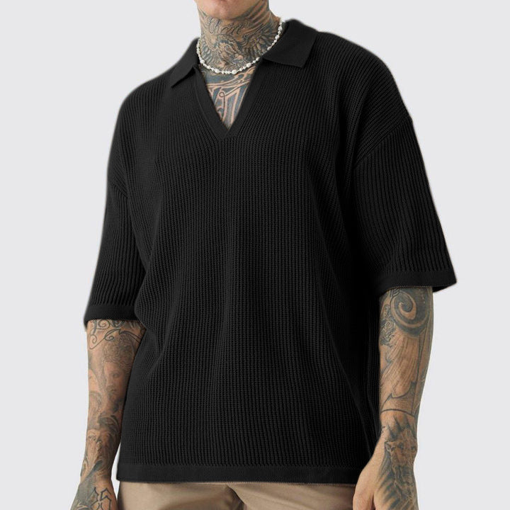 Heren Overhemd Korte Mouw – Relaxed Fit – Zachte Knit – V-Hals met Kraag – Casual
