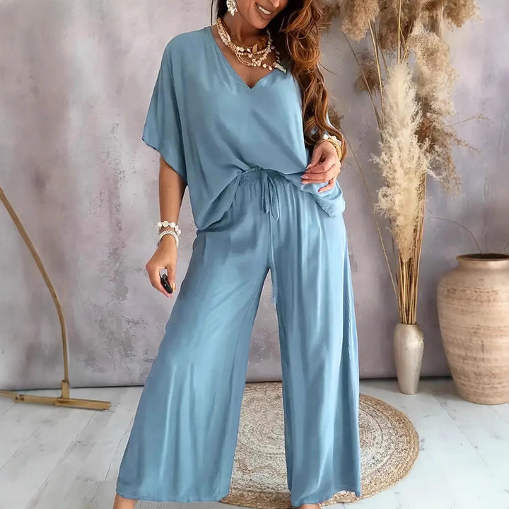 Dames Set – Relaxed Fit – V-hals Top met Korte Mouwen – Wijde Broek – Ademende Stof