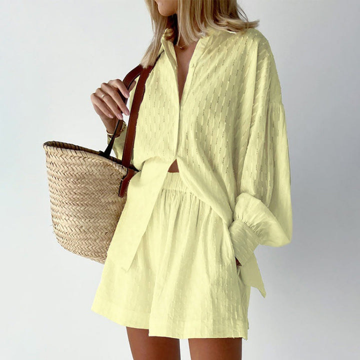 Dames Set Blouse en Shorts – Jacquard – Relaxed Fit – Puffmouwen – Elastische Taille