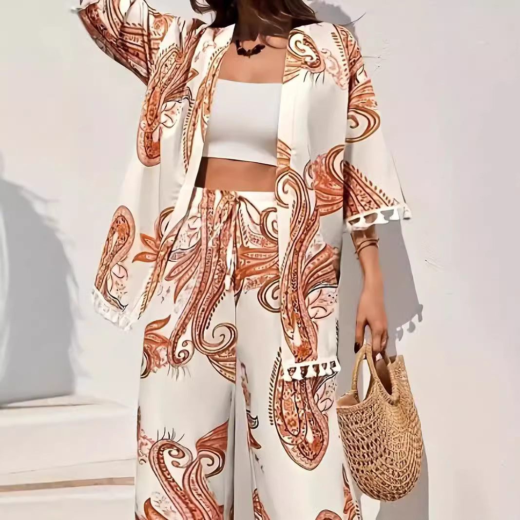 Dames Kimono Set – Relaxed Fit – Wijde Broek – Vest met Kwastjes – Ademend Design