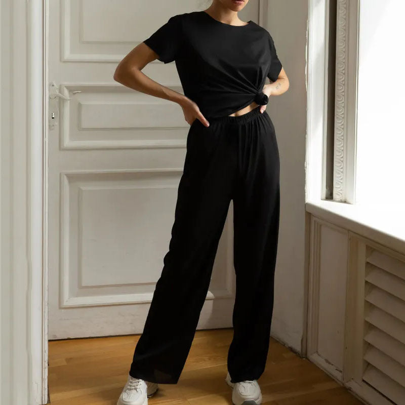 Dames Loungewear Set – Korte Mouwen – Cropped Top – Wijde Pijpen – Ademend Comfort