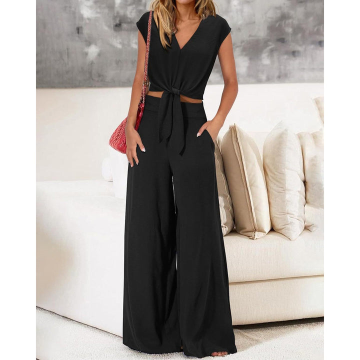 Dames Set – V-hals Crop Top met Striksluiting – Hoge Taille Wijde Pijpen Broek