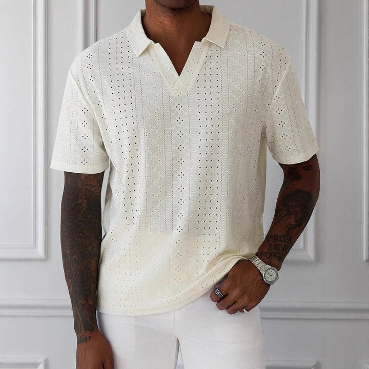 Heren T-shirt – Relaxed Fit – V-hals – Ademend Kantstructuur – Zachte Jacquard Knit