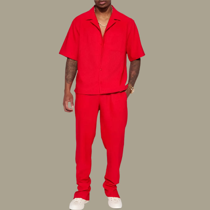 Heren Set – Korte Mouw Overhemd met Kraag – Lange Broek – Ademende Stof – Relaxed Fit