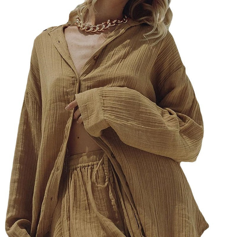 Dames Tweedelige Set – Oversized Blouse met Lange Mouwen – Relaxte Shorts – Ademend Materiaal