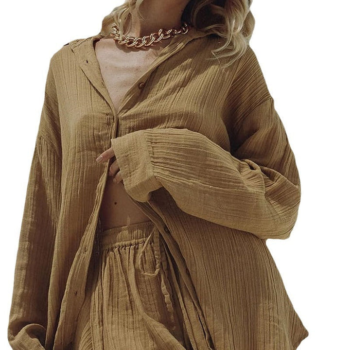 Dames Tweedelige Set – Oversized Blouse met Lange Mouwen – Relaxte Shorts – Ademend Materiaal