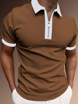 Heren polo shirt – Slim fit – Half zip – Ademende stof – Subtiel patroon – Ribboorden