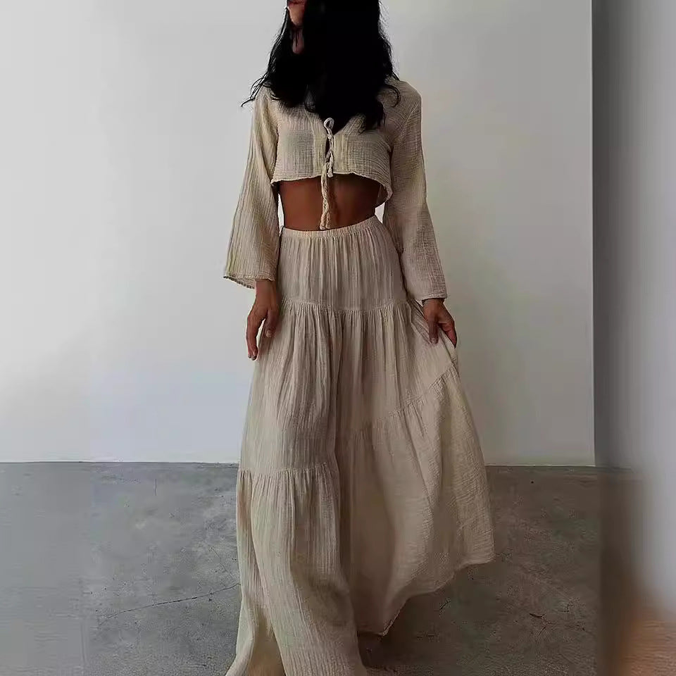 Dames Set – Natuurlijke Stoffen – Cropped Vest met Striksluiting – Maxi Rok met Split