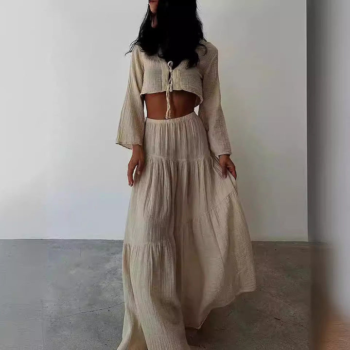 Dames Set – Natuurlijke Stoffen – Cropped Vest met Striksluiting – Maxi Rok met Split