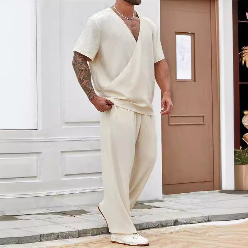 Heren Lounge Set – Relaxed Fit – V-hals T-shirt – Luchtige Lange Broek