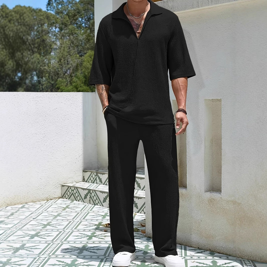 Heren Set – Casual Shirt met Halflange Mouwen – Luchtige Stof – Rechte Broek