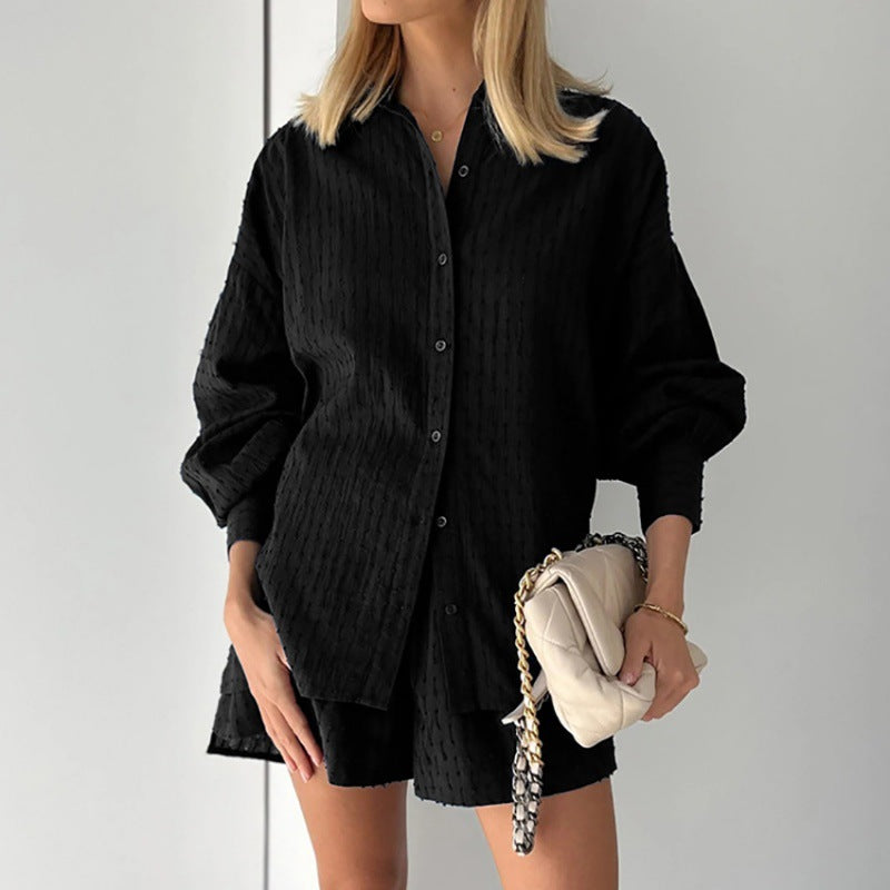 Dames Set Blouse en Shorts – Jacquard – Relaxed Fit – Puffmouwen – Elastische Taille