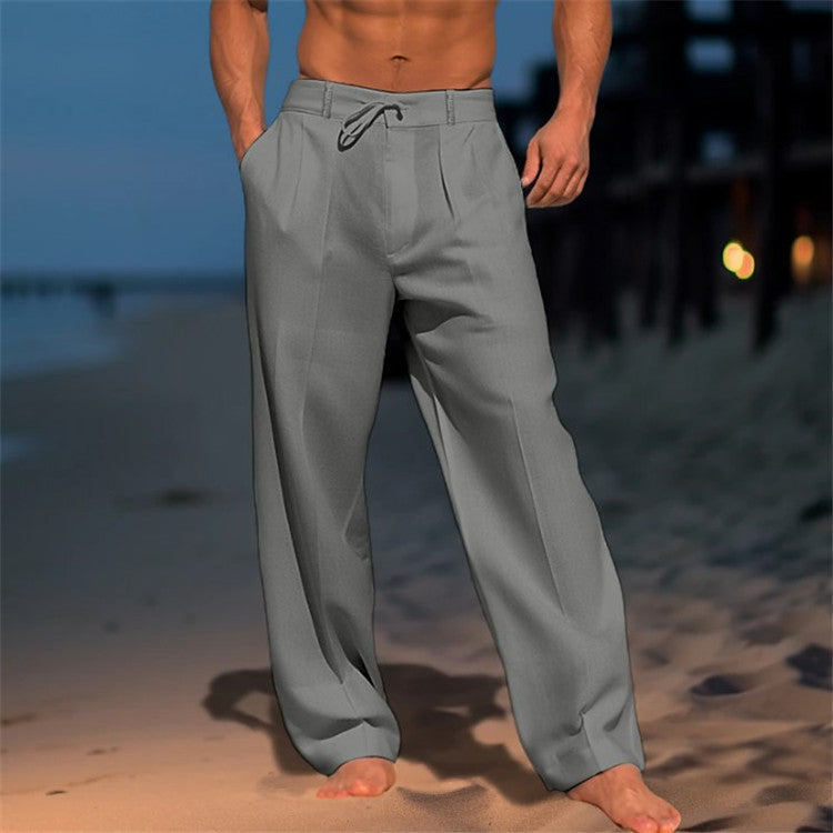 Heren Broek – Relaxed Fit – Natuurlijke Vezels – Trekkoord – Volledige Lengte – Zijsplitzakken