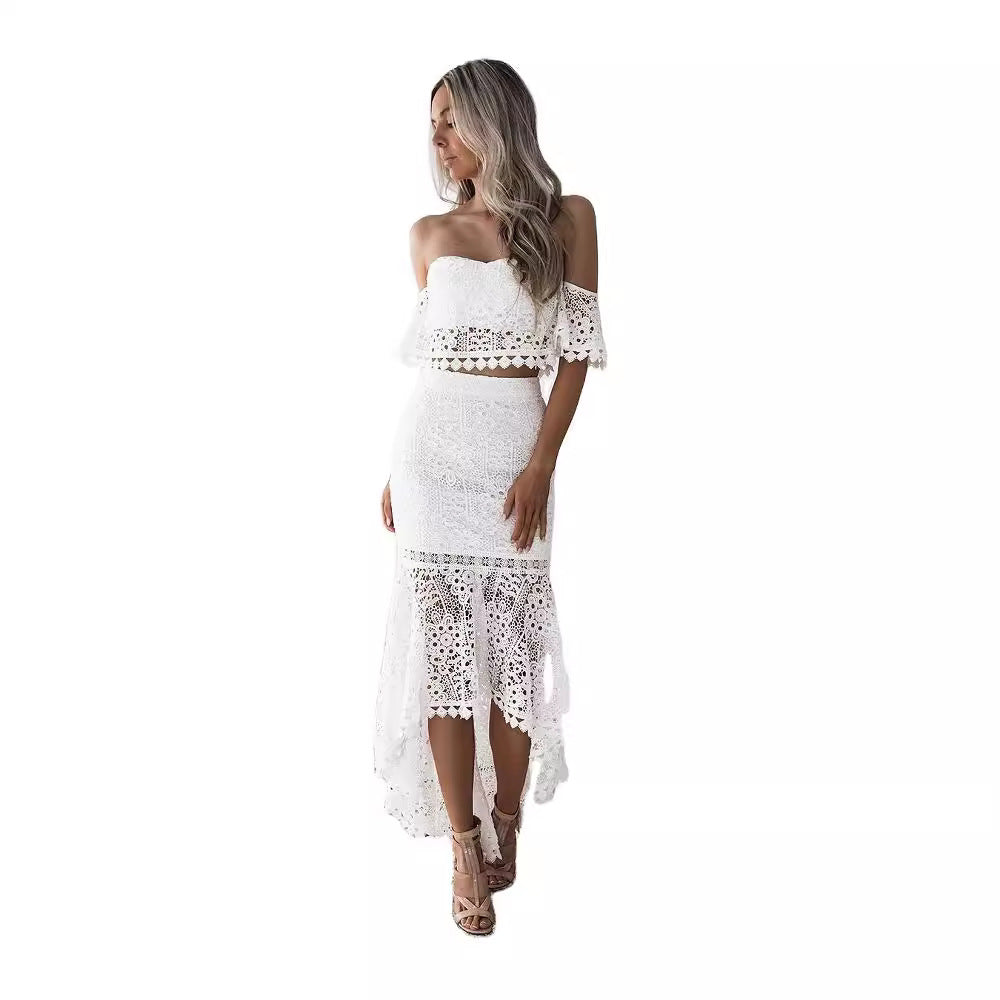 Dames Two-Piece Set – Off Shoulder Bustier Top – Hoge Taille Midi Kokerrok – Kant