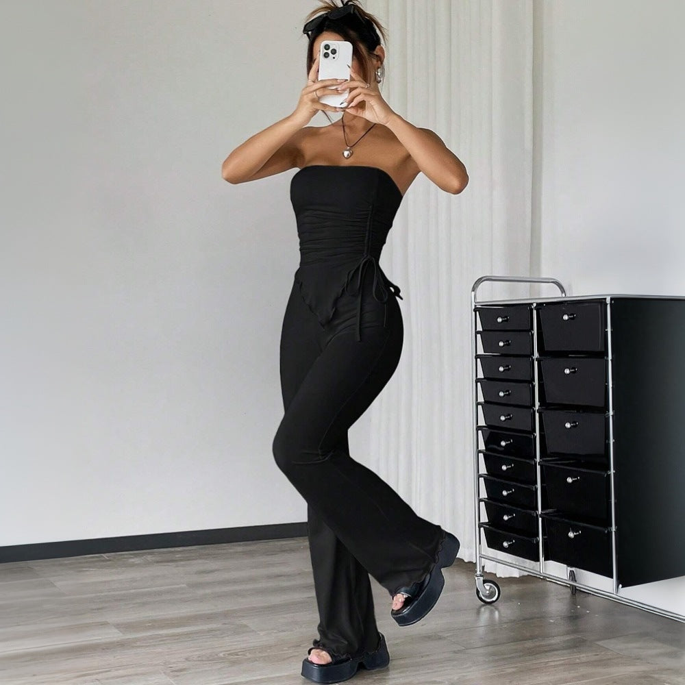 Dames Two-Piece Set – Strapless Bandeau Top – Hoge Taille Flared Broek – Stretchstof