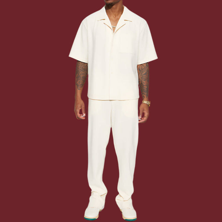 Heren Set – Korte Mouw Overhemd met Kraag – Lange Broek – Ademende Stof – Relaxed Fit