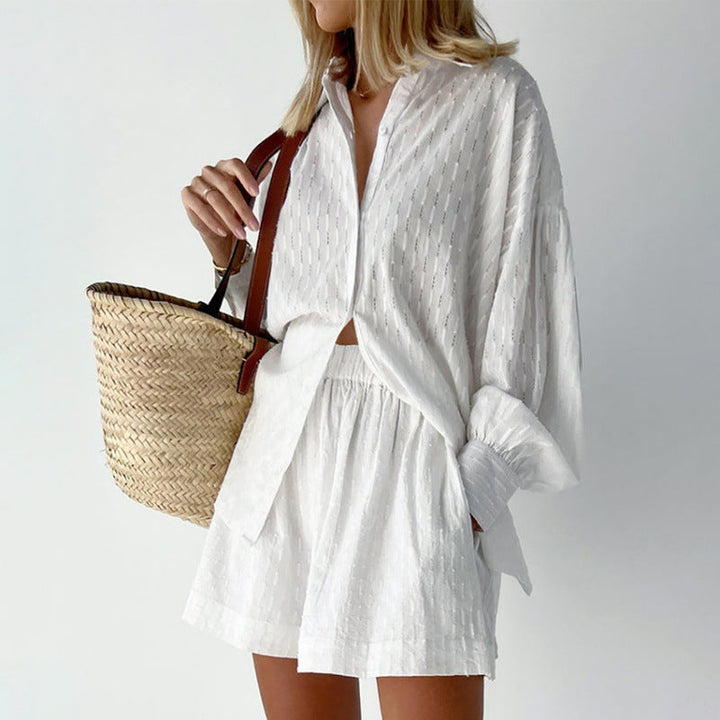 Dames Set Blouse en Shorts – Jacquard – Relaxed Fit – Puffmouwen – Elastische Taille
