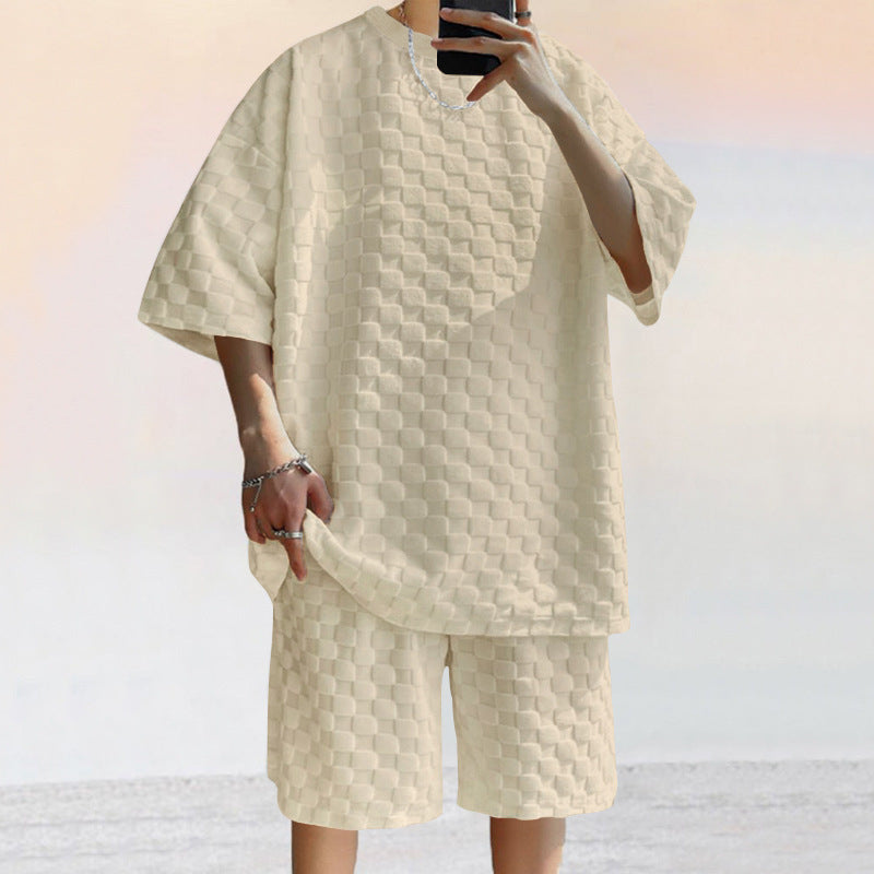 Heren Set – Losvallend Shirt & Rechte Shorts – Jacquard Patroon – Zachte Knit