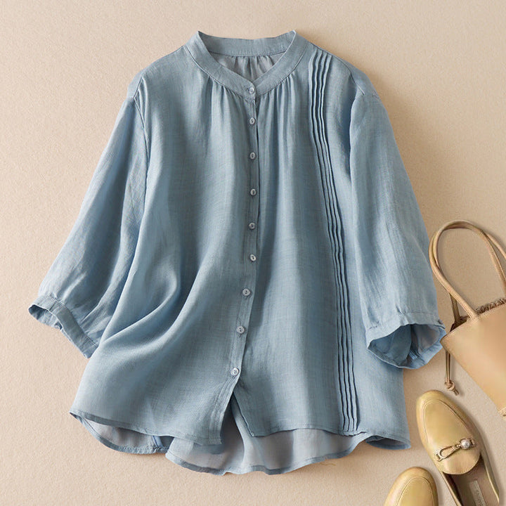 Dames Blouse – Relaxed Fit – Halflange Mouwen – Staande Kraag – Geplooid Detail – Natuurlijke Vezels