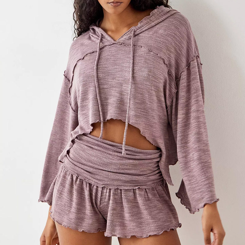 Dames Tweedelige Set – Cropped Hoodie Top – Hoge Taille Flowy Shorts – Zacht Gebreid
