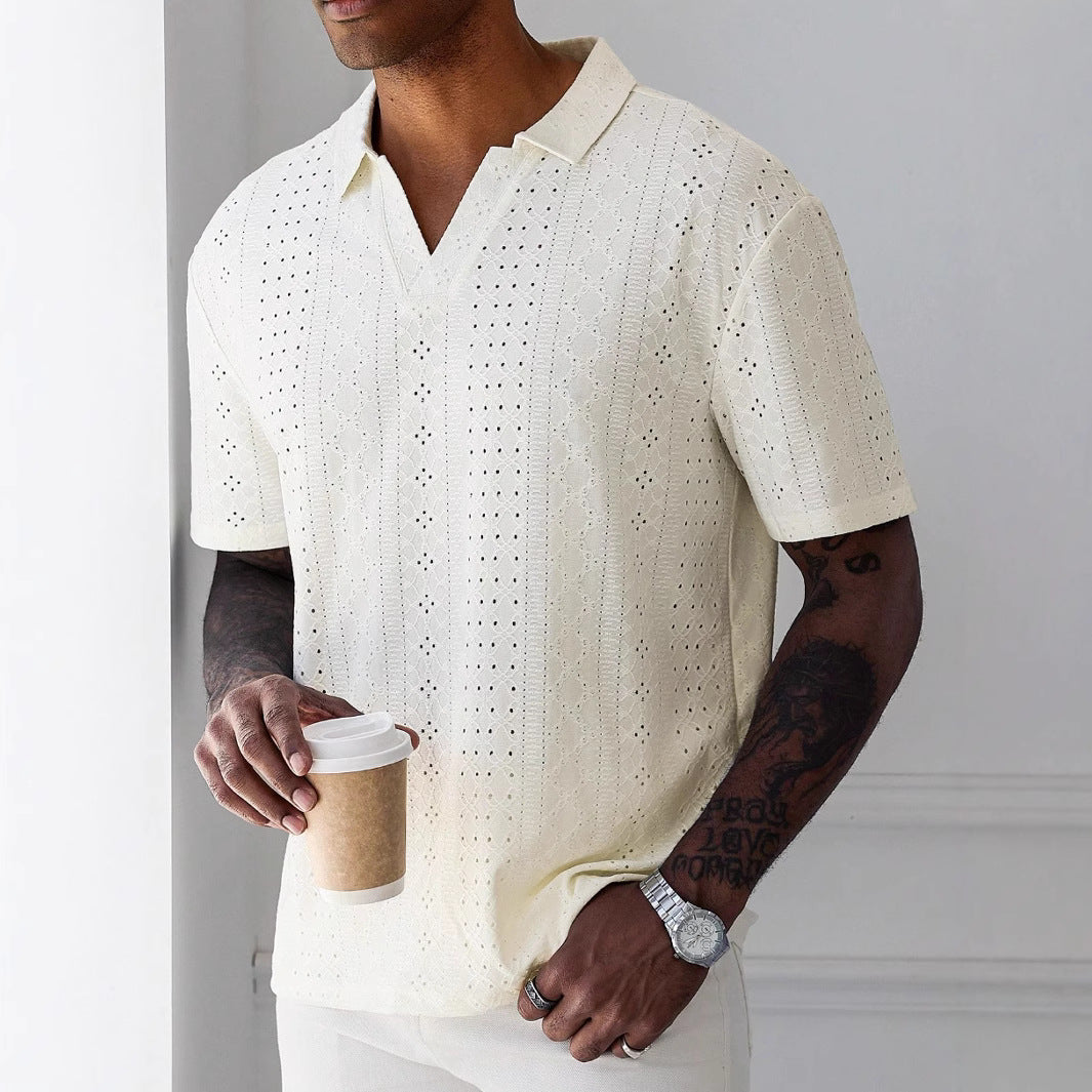 Heren T-shirt – Relaxed Fit – Ademend Gebreid – Kantpatroon – Korte Mouwen