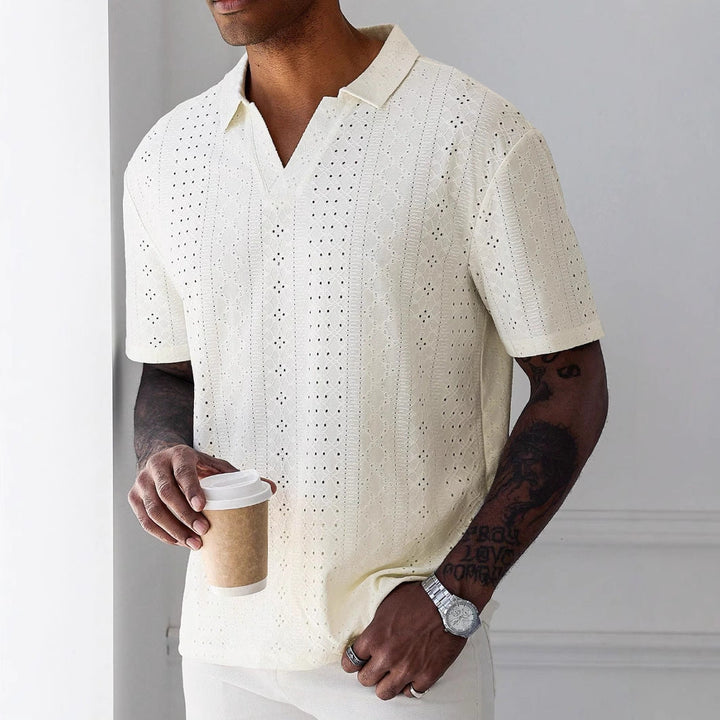 Heren T-shirt – Relaxed Fit – Ademend Gebreid – Kantpatroon – Korte Mouwen