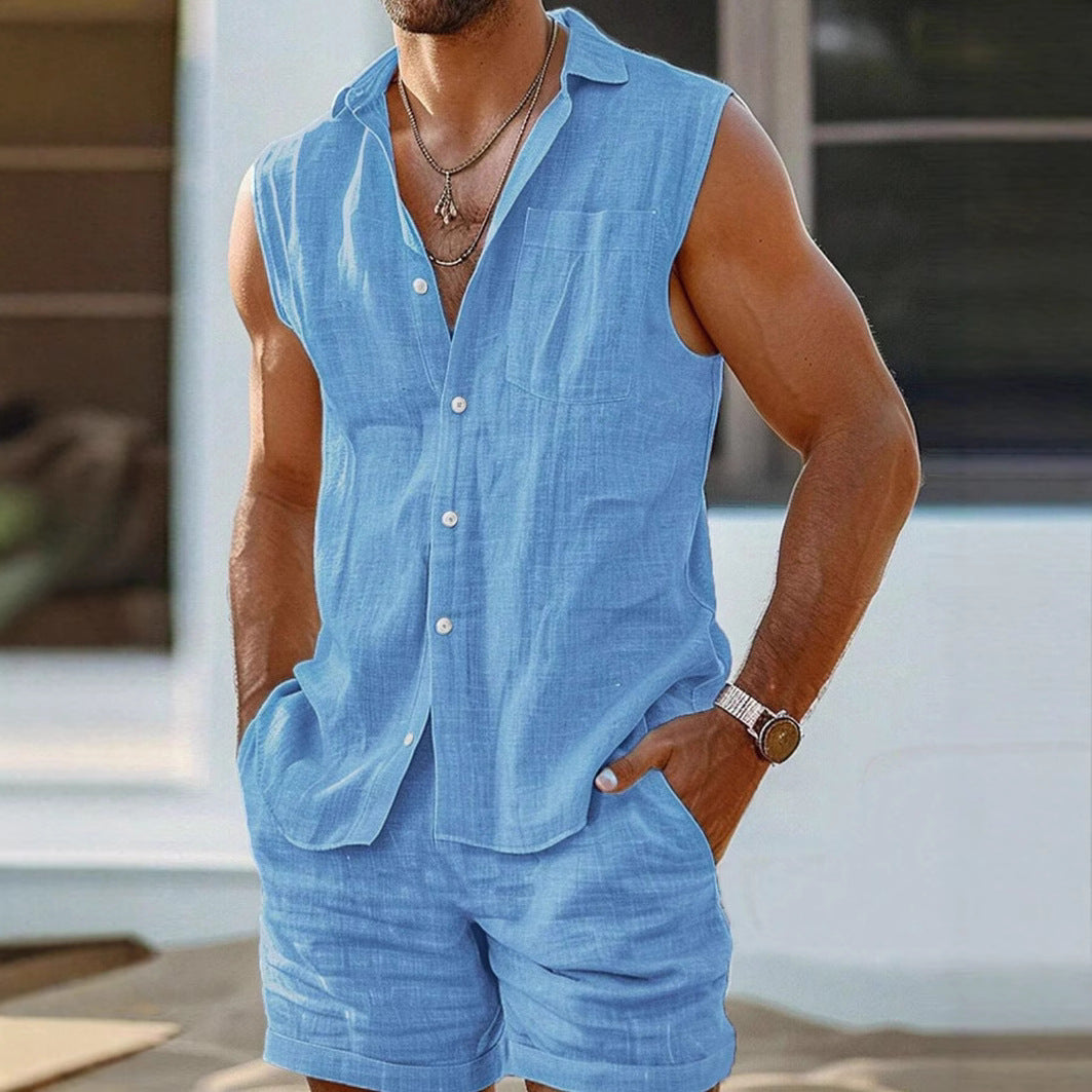 Heren Set Mouwloos Overhemd en Korte Broek – Relaxte Pasvorm – Ademend Casual Design