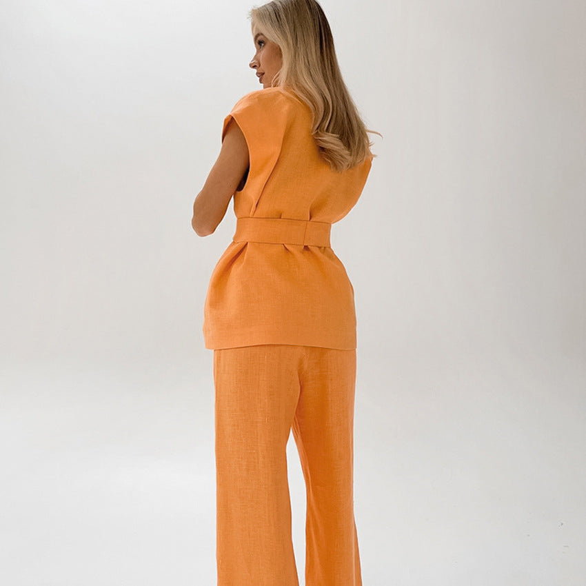 Dames Set Top en Broek – Mouwloos – Wijde Pijpen – Ademend – Taille Ceintuur