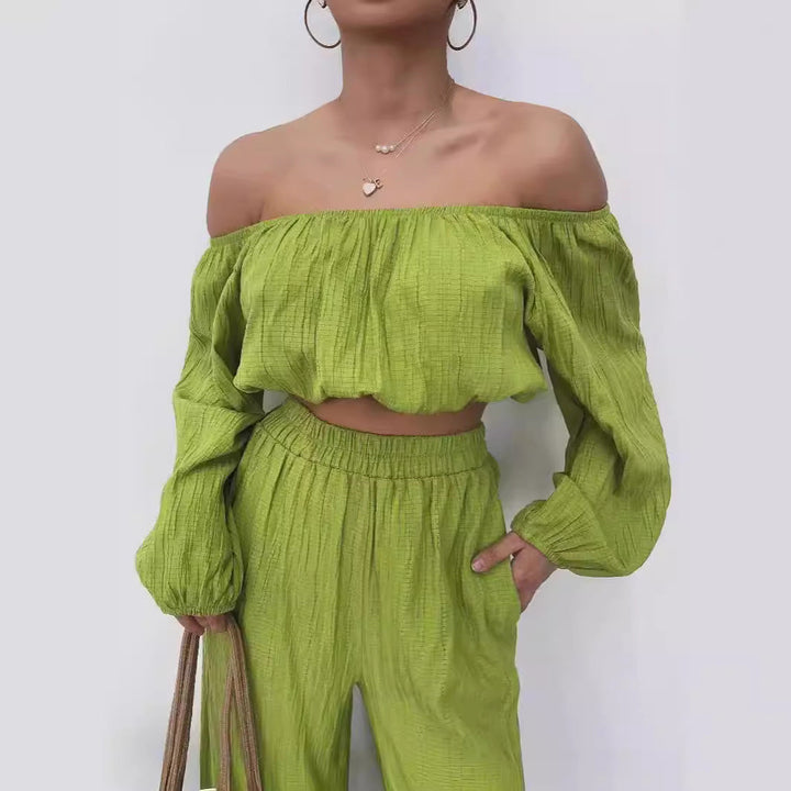 Dames Tweedelige Set – Off-Shoulder Crop Top – Hoge Taille Wijde Pijpen – Luchtige Stof
