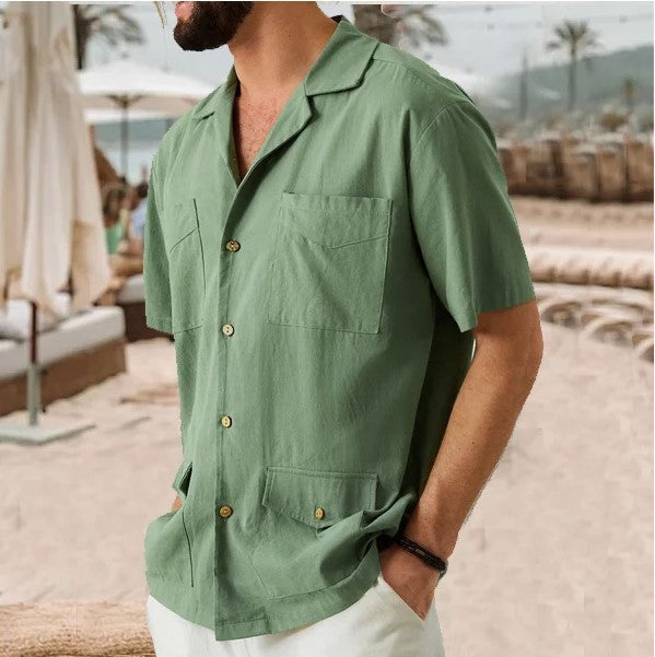 Heren Overhemd Korte Mouw – Relaxed Fit – Ademend Stof – Notch Kraag – 4 Zakken