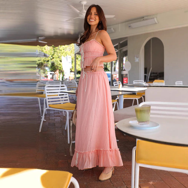Dames Two-Piece Set – Mouwloos Top met Ruches – Maxi Rok met Hoge Taille & Ruffle Zoom