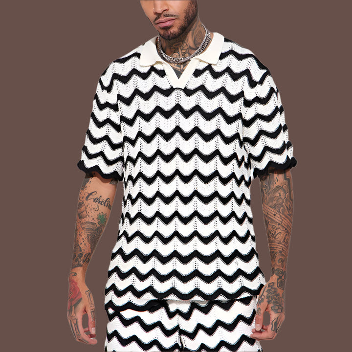 Heren Poloshirt – Relaxed Fit – Zacht Gebreid – Geperforeerd Zigzagpatroon – Korte Mouw