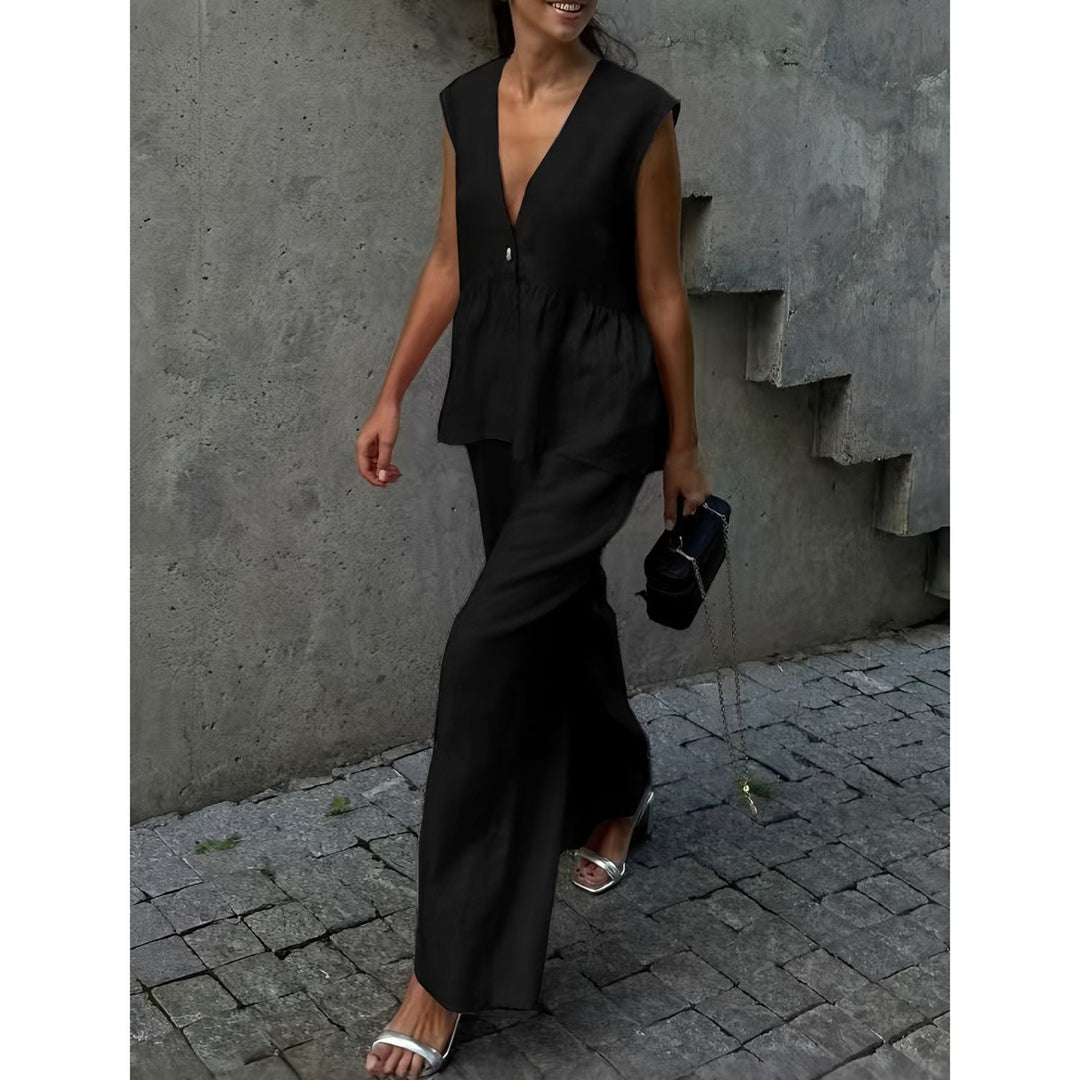 Dames Tweedelige Set – V-hals Mouwloze Peplum Top – Wijde Broek – Ademende Stof