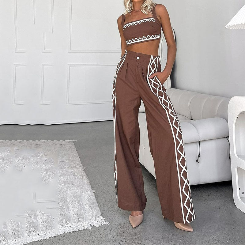 Dames Tweedelige Set – Asymmetrische Crop Top – Hoge Taille Wijde Pijpen – Geometrische Print – Ademende Stof
