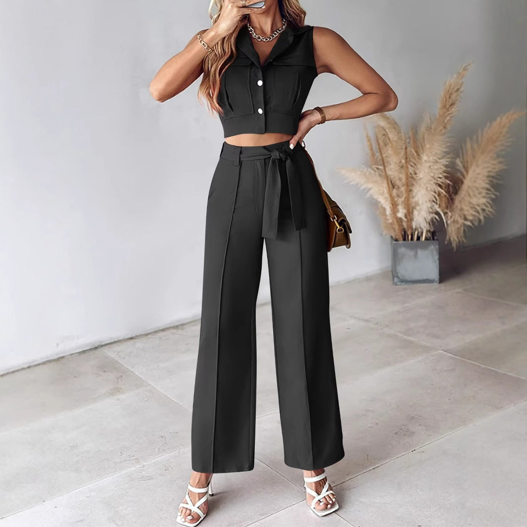 Dames Pantalon Set – Mouwloze Crop Top – Hoge Taille Wijde Pijpen – Ceintuur Detail