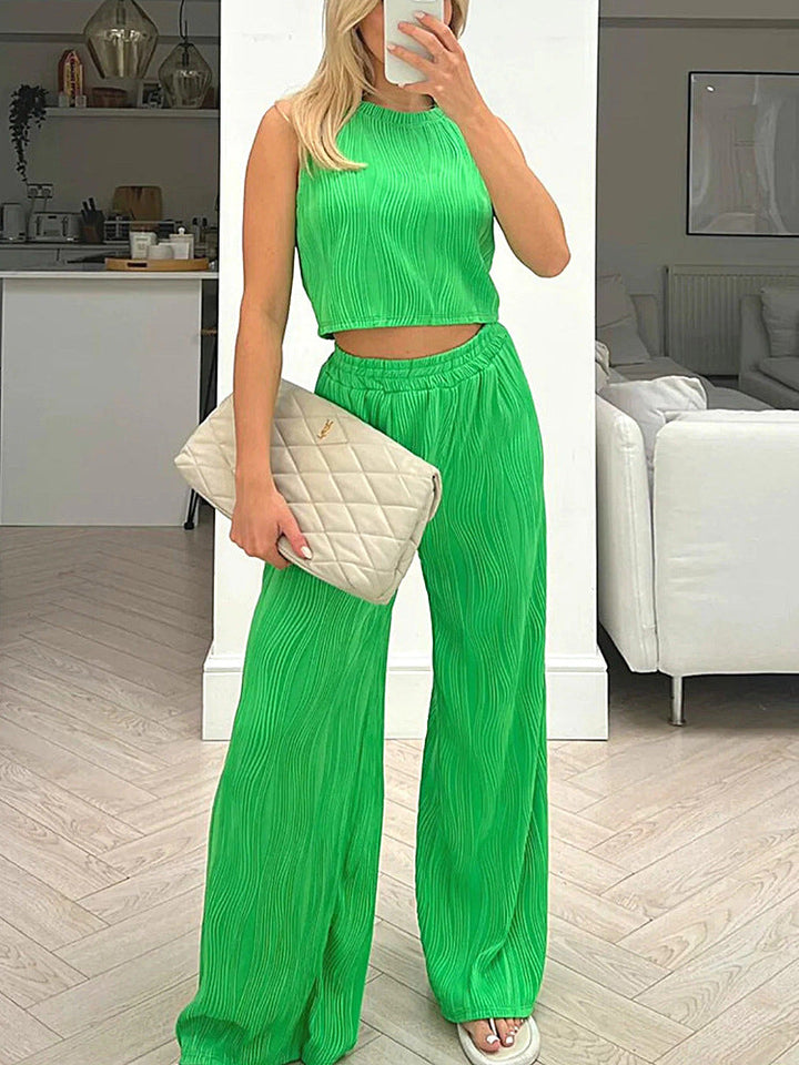 Dames Tweedelig Set – Mouwloos Crop Top – Hoge Taille Broek – Ademende Stof