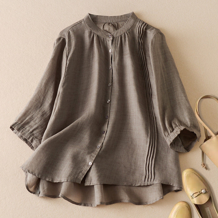 Dames Blouse – Relaxed Fit – Halflange Mouwen – Staande Kraag – Geplooid Detail – Natuurlijke Vezels