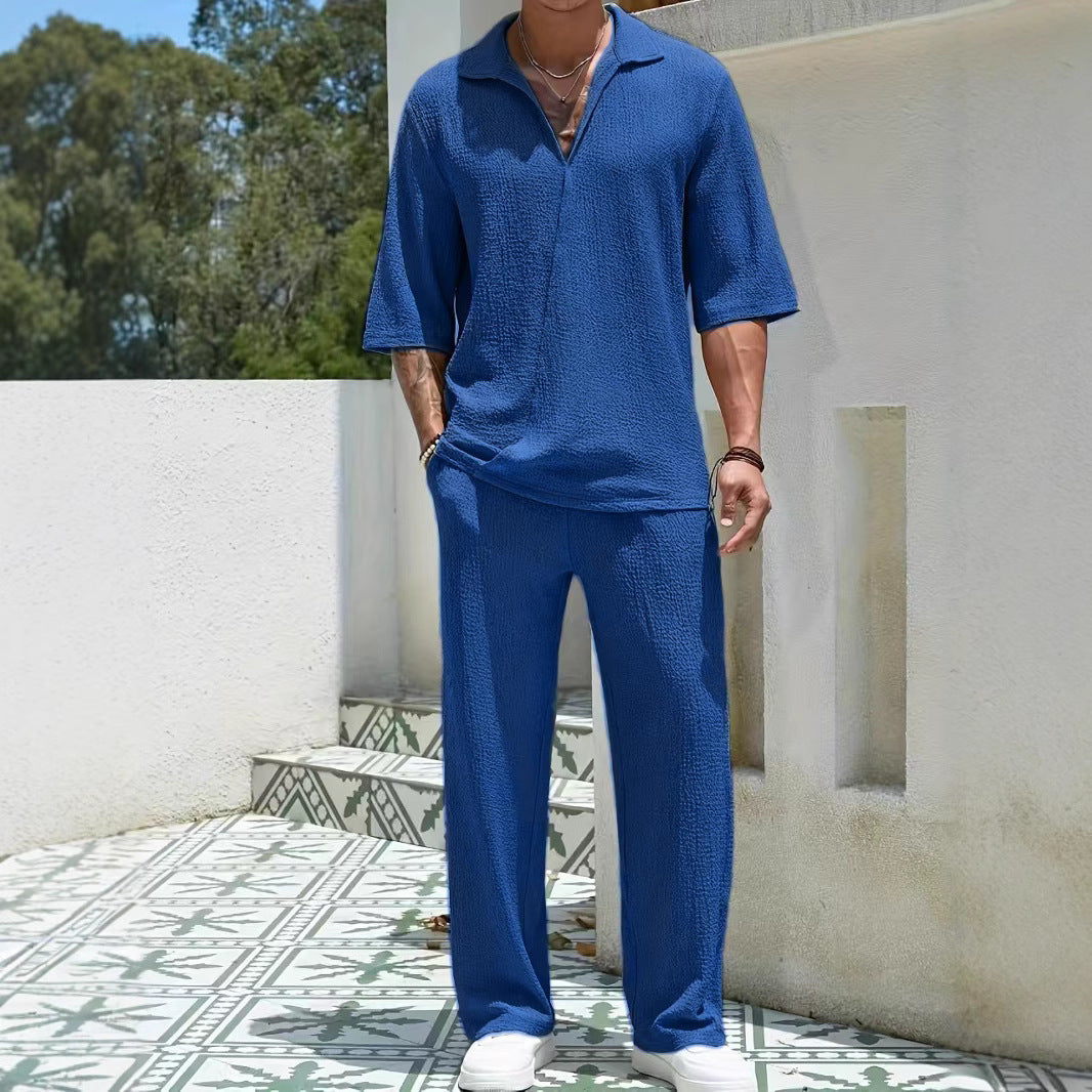 Heren Set – Casual Shirt met Halflange Mouwen – Luchtige Stof – Rechte Broek