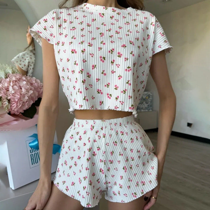 Dames Pyjamaset – Relaxed Fit – Cropped Top & Hoge Taille Short – Zachte Ribstof