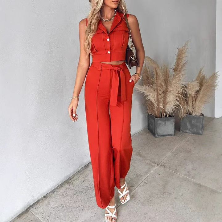 Dames Pantalon Set – Mouwloze Crop Top – Hoge Taille Wijde Pijpen – Ceintuur Detail