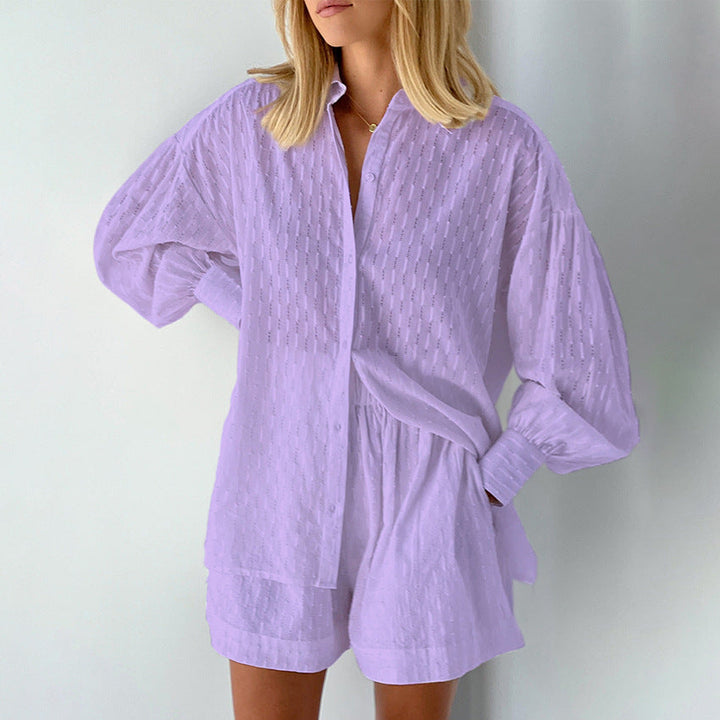 Dames Set Blouse en Shorts – Jacquard – Relaxed Fit – Puffmouwen – Elastische Taille