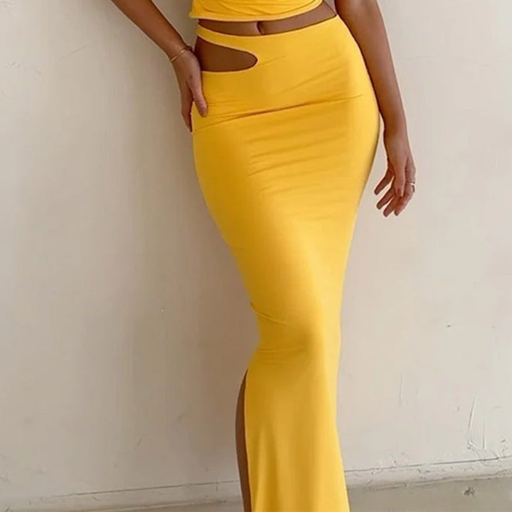 Dames Two-Piece Set – Slim Fit – One Shoulder – Midi Rok met Cut-Out – Stretchy Fabric