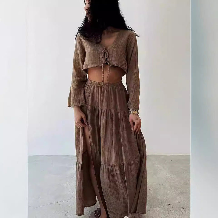 Dames Set – Natuurlijke Stoffen – Cropped Vest met Striksluiting – Maxi Rok met Split