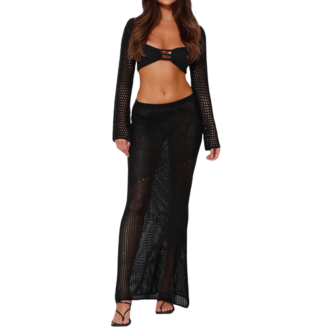 Dames gebreide set – Slim fit – Cropped top met lange mouwen – Luchtig open breisel